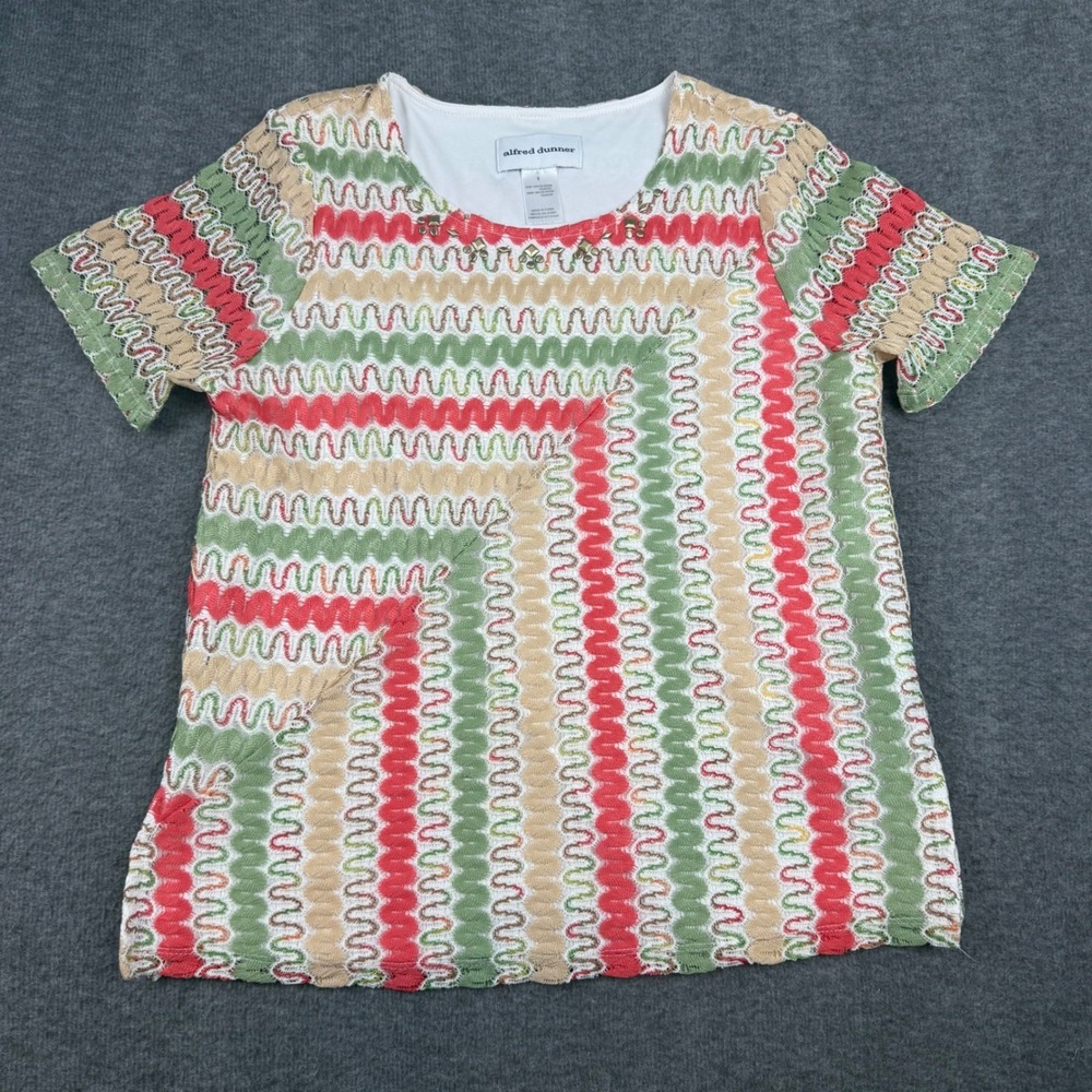 Alfred Dunner Textured Knit Top Women's Small Red Green Chevron Studded Blouse